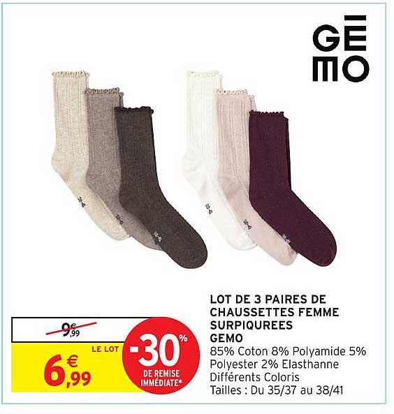 LOT DE 3 PAIRES DE CHAUSSETTES FEMME SURPIQUÉES GEMO