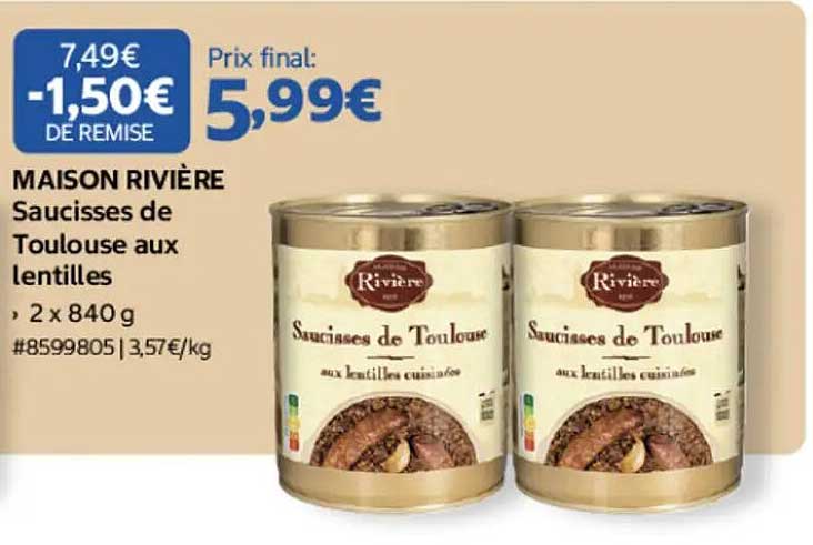 MAISON RIVIÈRE Saucisses de Toulouse aux lentilles , 2 x 840 g