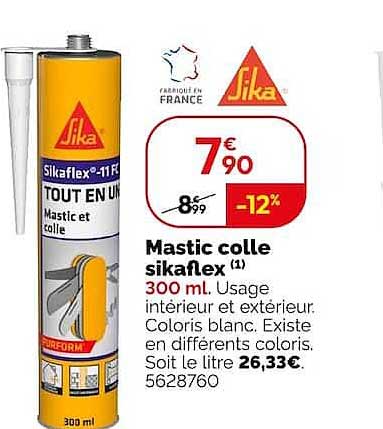 Mastic colle sikaflex (1) 300 ml. Usage intérieur et extérieur. Coloris blanc. Existe en différents coloris. Soit le litre 26,33€ 5628760