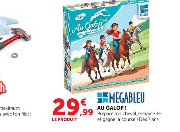 MEGABLEU AU GALOP ! Prépare ton cheval, entraîne-le et gagne la course ! Dès 7 ans.
