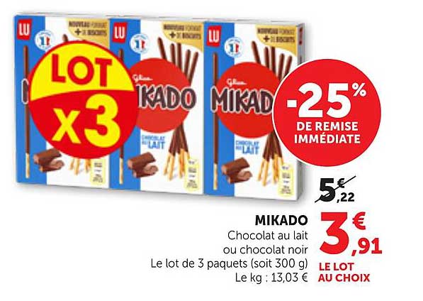 MIKADO Chocolat au lait ou chocolat noir Le lot de 3 paquets (soit 300 g) Le kg : 13,03 €