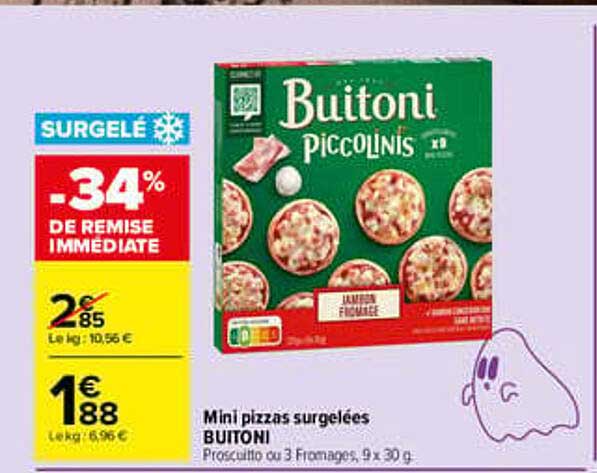 Mini pizzas surgelées Buitoni Piccolinis Prosciutto ou 3 Fromages, 9 x 30 g