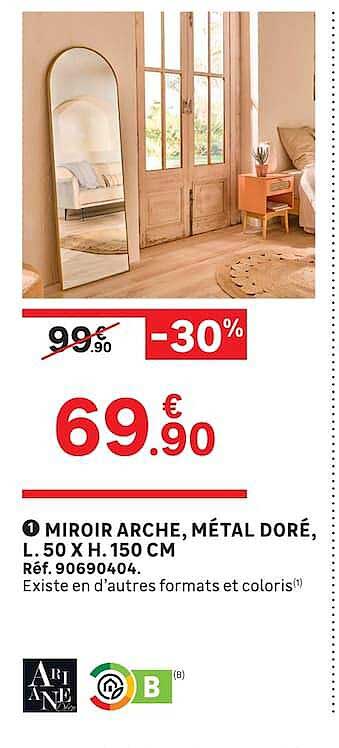MIROIR ARCHE, MÉTAL DORÉ, L. 50 X H. 150 CM