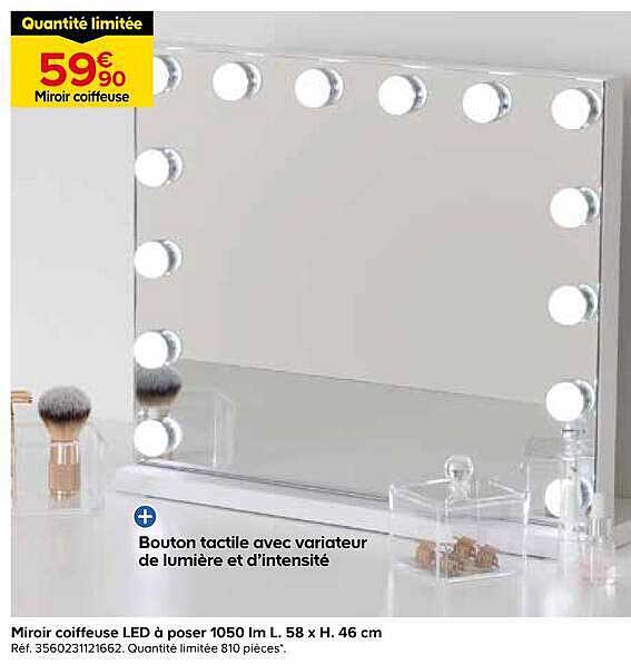 Miroir coiffeuse LED à poser 1050 lm L. 58 x H. 46 cm