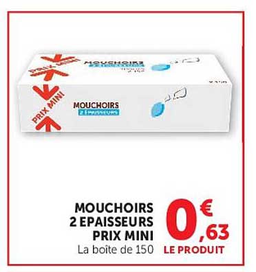 MOUCHOIRS 2 EPAISSEURS PRIX MINI La boîte de 150