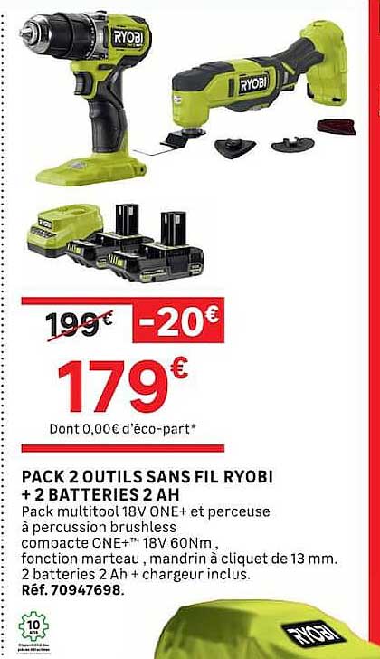 PACK 2 OUTILS SANS FIL RYOBI + 2 BATTERIES 2 AH