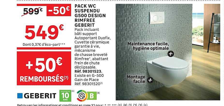 PACK WC SUSPENDU G500 DESIGN RIMFREE GEBERIT