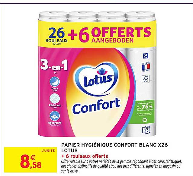 PAPIER HYGIÉNIQUE CONFORT BLANC X26 LOTUS + 6 rouleaux offerts