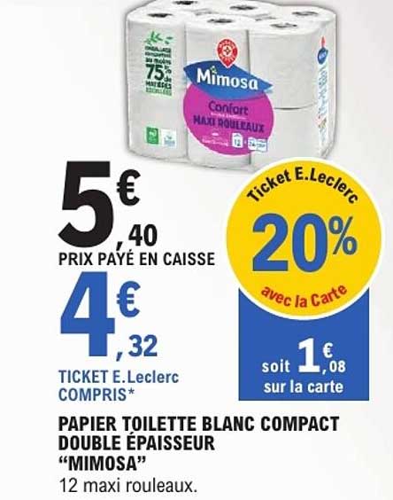 PAPIER TOILETTE BLANC COMPACT DOUBLE EPAISSEUR “MIMOSA”
