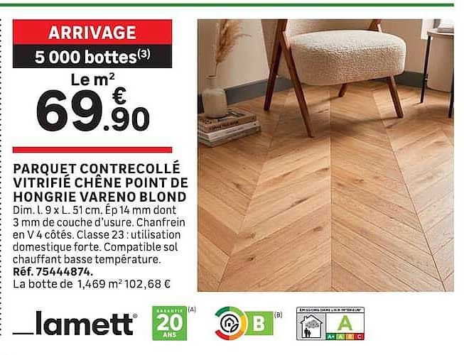 PARQUET CONTRECOLLÉ VITRIFIÉ CHÊNE POINT DE HONGRIE VARENO BLOND