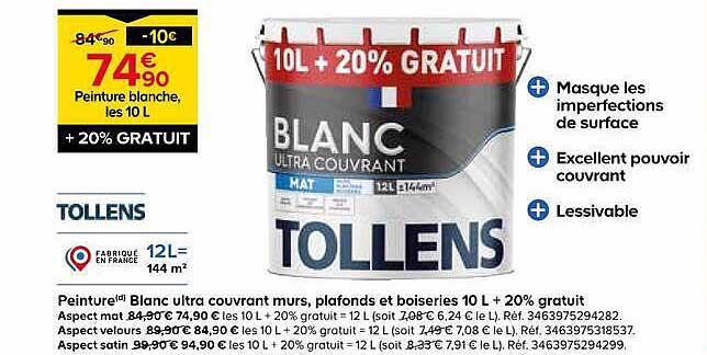 Peinture blanche, les 10 L + 20% GRATUIT