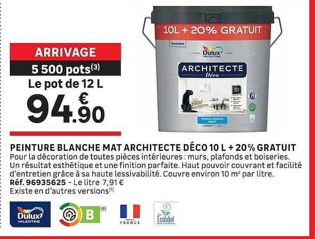 PEINTURE BLANCHE MAT ARCHITECTE DÉCO 10 L + 20% GRATUIT