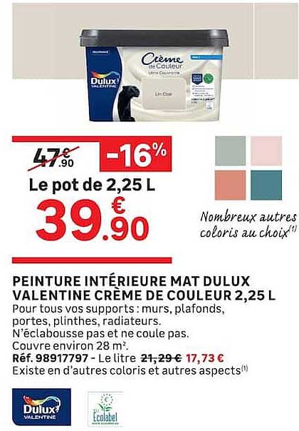 PEINTURE INTÉRIEURE MAT DULUX VALENTINE CRÈME DE COULEUR 2,25 L