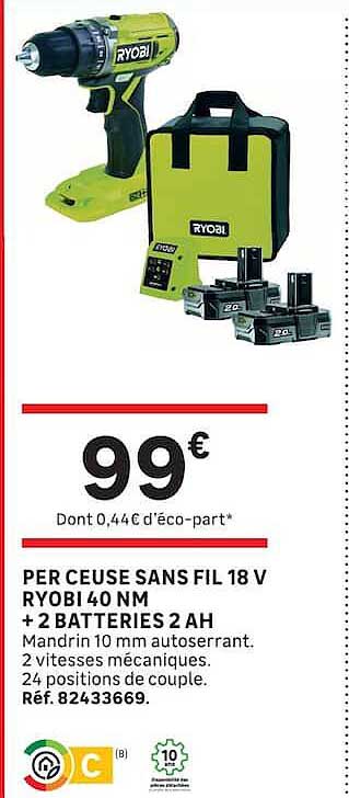 PERCEUSE SANS FIL 18 V RYOBI 40 NM + 2 BATTERIES 2 AH