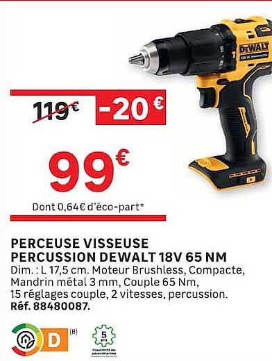 PERCEUSE VISSEUSE PERCUSSION DEWALT 18V 65 NM