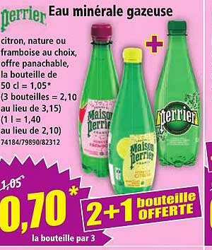 Perrier Eau minérale gazeuse citron, nature ou framboise au choix, offre panachable, la bouteille de 50 cl = 1,05* (3 bouteilles = 2,10 au lieu de 3,15) (1 l = 1,40 au lieu de 2,10)