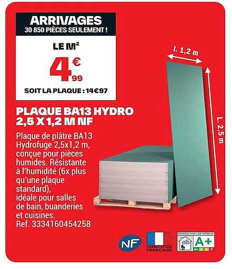 PLAQUE BA13 HYDRO 2,5 X 1,2 M NF