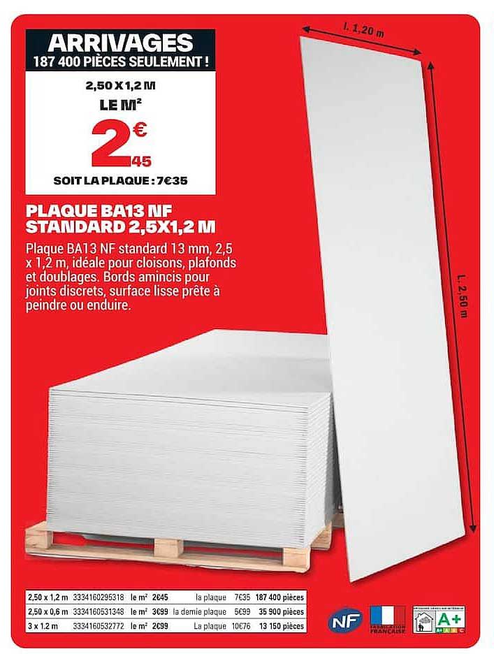 PLAQUE BA13 NF STANDARD 2,5X1,2 M