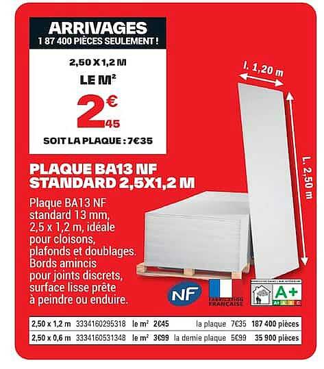 PLAQUE BA13 NF STANDARD 2,5X1,2 M