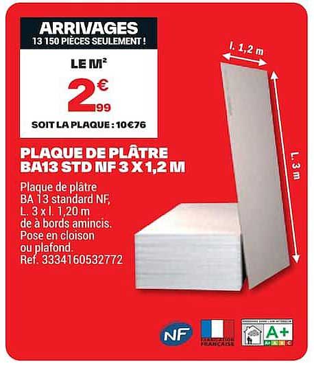 PLAQUE DE PLÂTRE BA13 STD NF 3 X 1,2 M