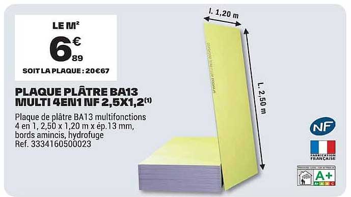 PLAQUE PLÂTRE BA13 MULTI 4EN1 NF 2,5X1,2(1)