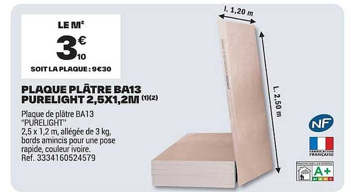 PLAQUE PLÂTRE BA13 PURELIGHT 2,5X1,2M