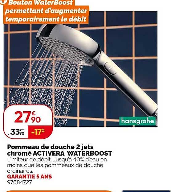 Pommeau de douche 2 jets chromé ACTIVERA WATERBOOST