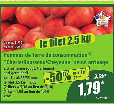 Pommes de terre de consommation “Chérie/Rousseau/Cheyenne” selon arrivage