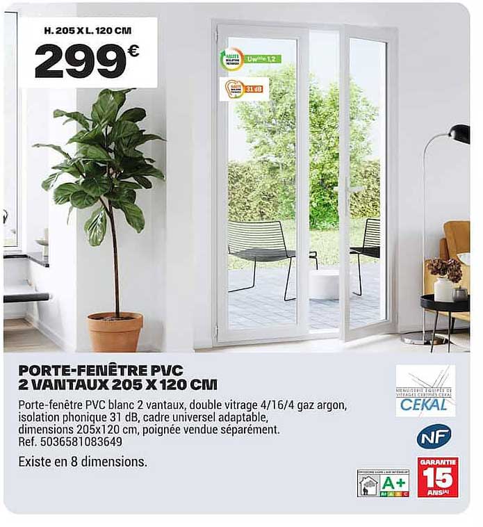 PORTE-FENÊTRE PVC 2 VANTAUX 205 X 120 CM