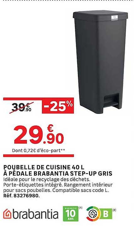 POUBELLE DE CUISINE 40 L À PÉDALE BRABANTIA STEP-UP GRIS