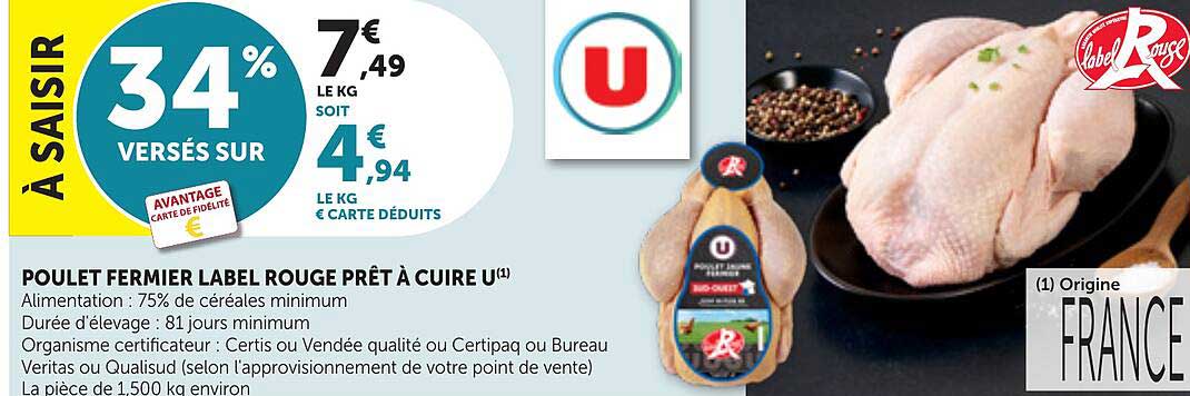 POULET FERMIER LABEL ROUGE PRÊT À CUIRE U
