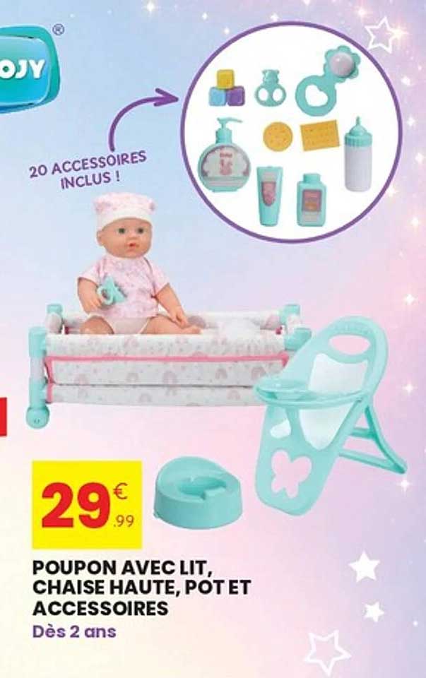 POUPON AVEC LIT, CHAISE HAUTE, POT ET ACCESSOIRES