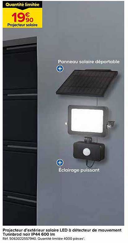 Projecteur d’extérieur solaire LED à détecteur de mouvement Tunbord noir IP44 600 lm