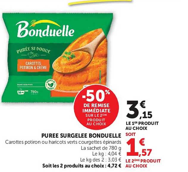 PURÉE SURGELÉE BONDUELLE -50% DE REMISE IMMÉDIATE SUR LE 2ÈME PRODUIT AU CHOIX