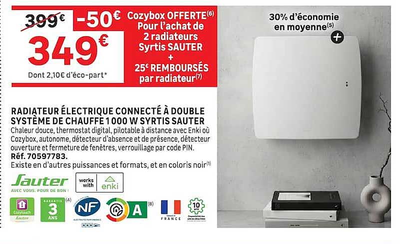RADIATEUR ÉLECTRIQUE CONNECTÉ À DOUBLE SYSTÈME DE CHAUFFE 1000 W SYRTIS SAUTER