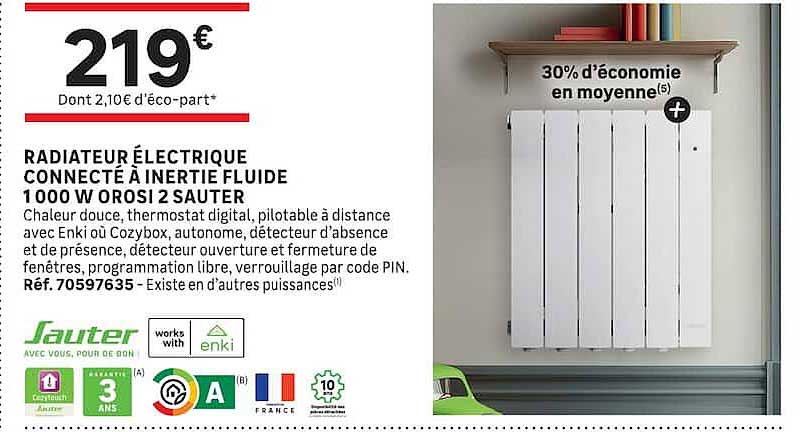 RADIATEUR ÉLECTRIQUE CONNECTÉ À INERTIE FLUIDE 1000 W OROSI 2 SAUTER