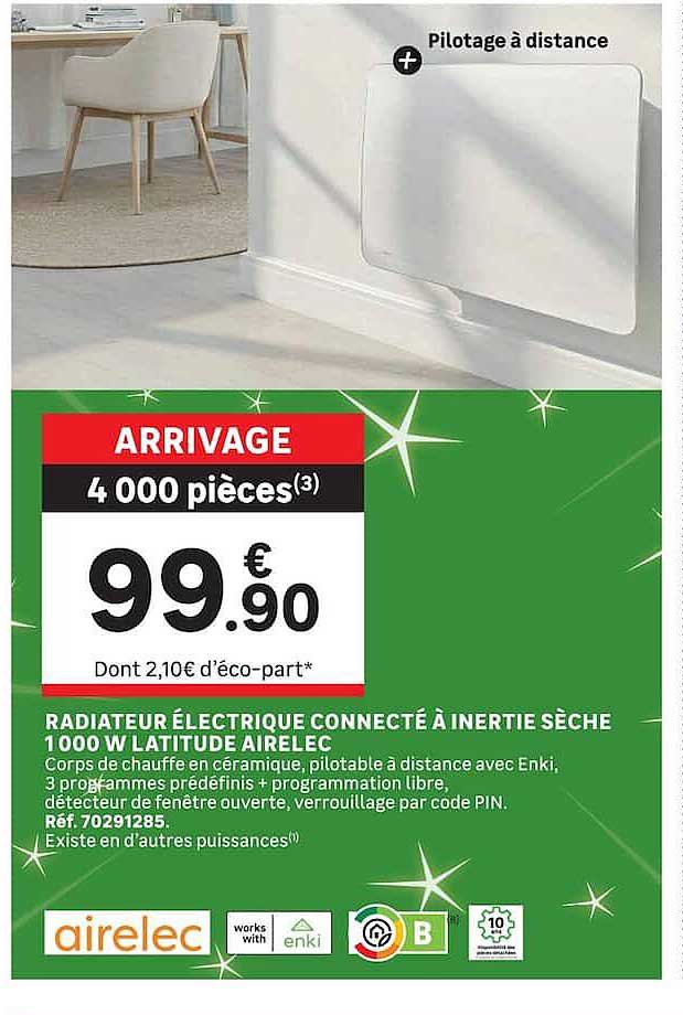 RADIATEUR ÉLECTRIQUE CONNECTÉ À INERTIE SÈCHE 1000 W LATTITUDE AIRELEC