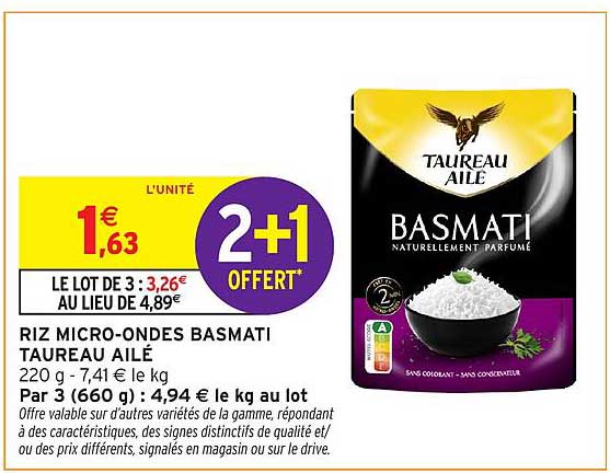 RIZ MICRO-ONDES BASMATI TAUREAU AILÉ 220 g - 7,41 € le kg