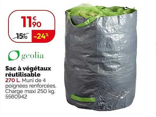 Sac à végétaux réutilisable 270 L. Muni de 4 poignées renforcées. Charge maxi 250 kg. 5560942