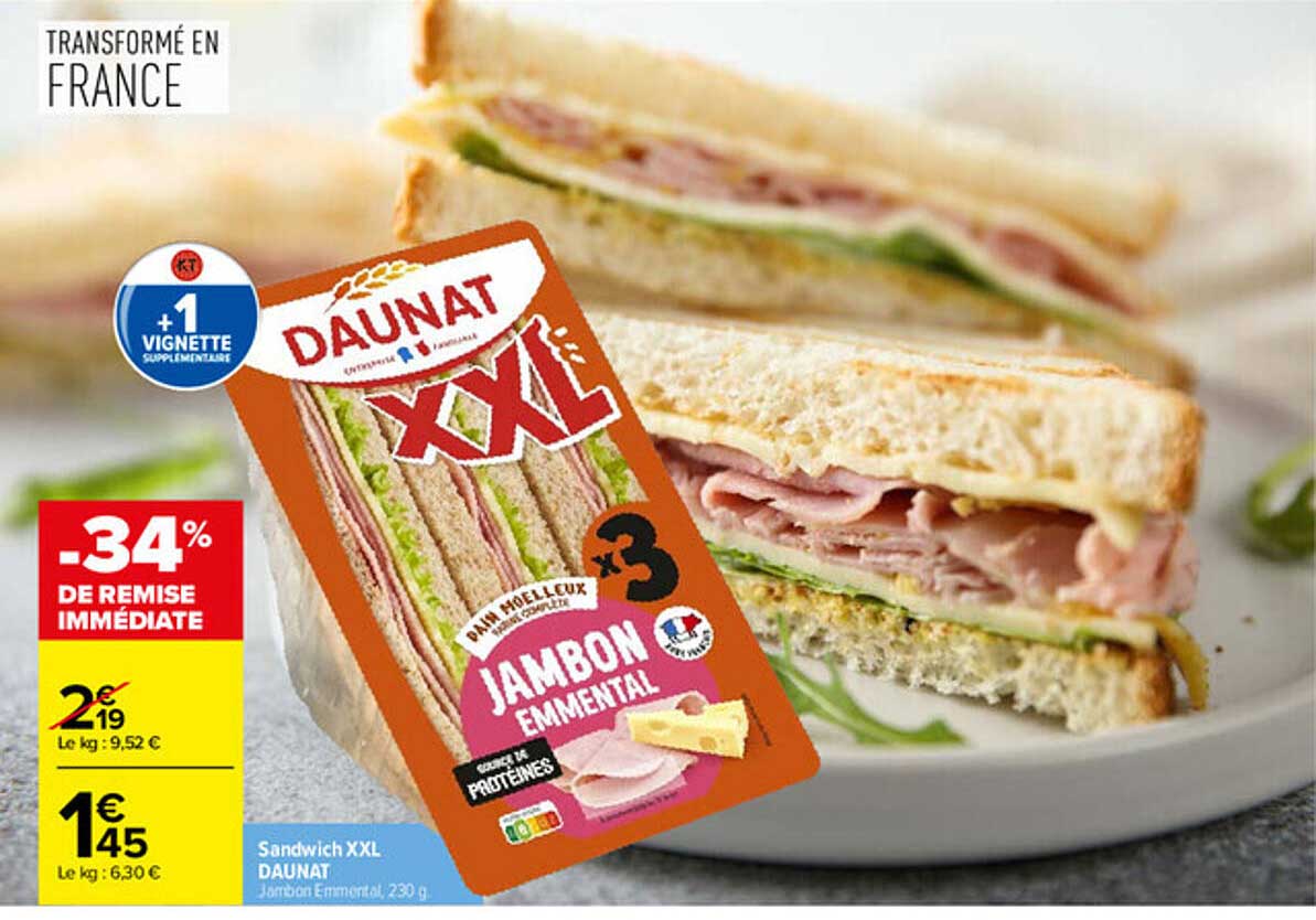 Sandwich XXL DAUNAT Jambon Emmental, 230 g
