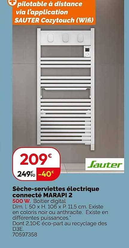 Sèche-serviettes électrique connecté MARAPI 2 500 W Boîtier digital