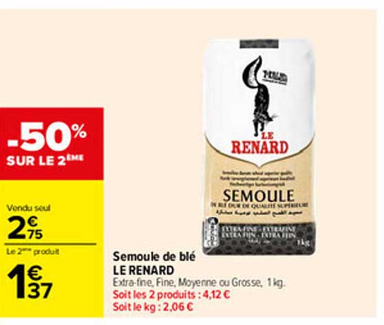 Semoule de blé LE RENARD Extra-fine, Moyenne ou Grosse, 1 kg