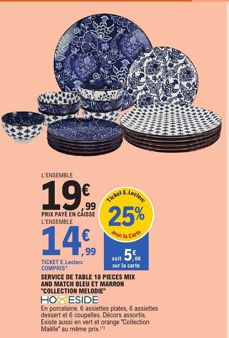 SERVICE DE TABLE 18 PIECES MIX AND MATCH BLEU ET MARRON "COLLECTION MELODIE"