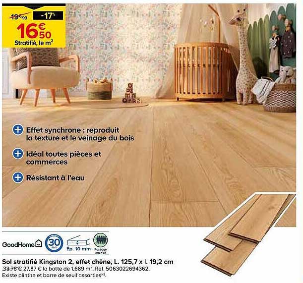 Sol stratifié Kingston 2, effet chêne L, 125,7 x l. 19,2 cm