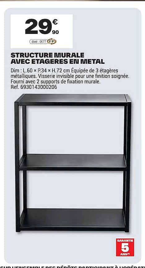 STRUCTURE MURALE AVEC ETAGERES EN METAL