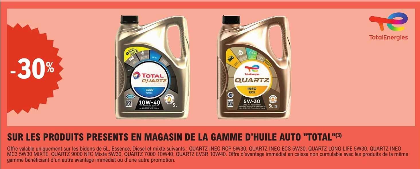 SUR LES PRODUITS PRESENTS EN MAGASIN DE LA GAMME D'HUILE AUTO "TOTAL"