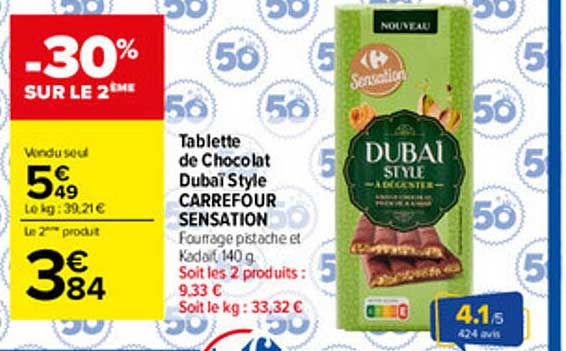 Tablette de Chocolat Dubaï Style CARREFOUR SENSATION