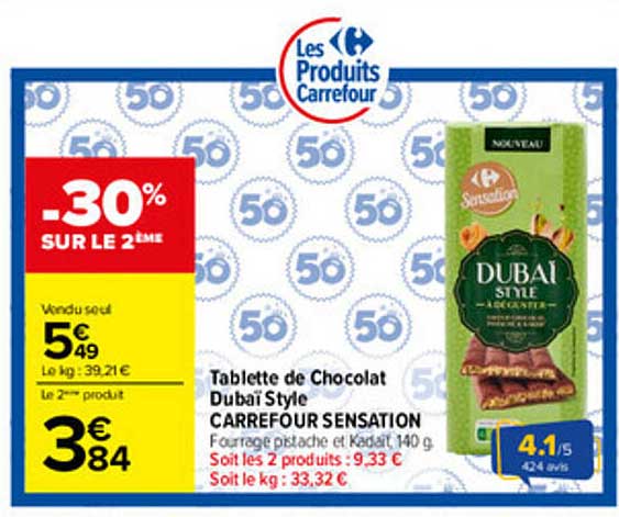 Tablette de Chocolat Dubaï Style CARREFOUR SENSATION