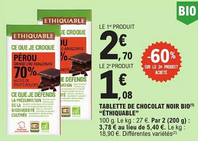 TABLETTE DE CHOCOLAT NOIR BIO(1) "ÉTHIQUABLE"