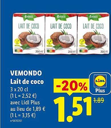 VEMONDO Lait de coco 3 x 20 cl (1 L = 2,52 €) avec Lidl Plus au lieu de 1,89 € (1 L = 3,15 €)